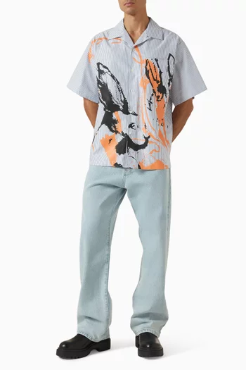 قميص بولينغ بنقشة أرانب مرسومة يدويًا قطن