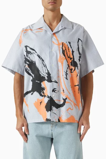 قميص بولينغ بنقشة أرانب مرسومة يدويًا قطن