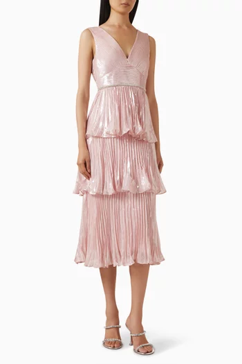 فستان متوسط الطول بطبقات متعددة شيفون