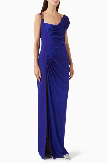 فستان سهرة بدرابيه وحلية معدنية بشعار ميدوسا '95‏ فيسكوز وجيرسيه