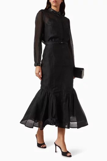 تنورة هيبنوتك بقصة مستقيمة ومقسمة لأجزاء حرير وكتان