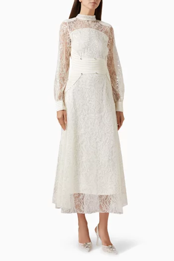 Pleated Belt-detail Midi Dress in Lace & Satin