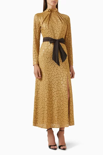 فستان بفتحة وحزام جاكار