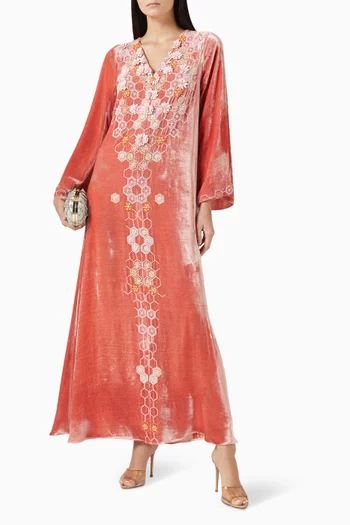 3D Petal & Honeycomb Embroidered Maxi Dress in Velvet