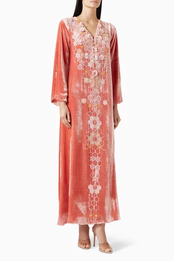 3D Petal & Honeycomb Embroidered Maxi Dress in Velvet