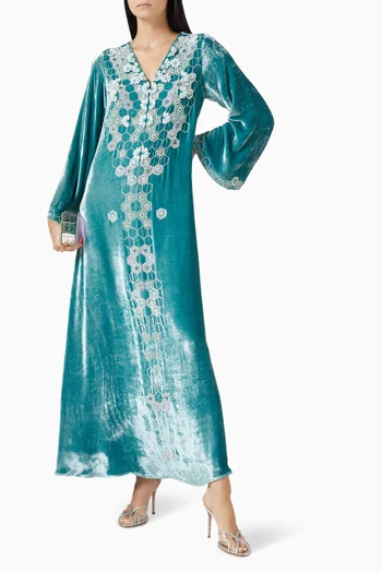 3D Petal & Honeycomb Embroidered Maxi Dress in Velvet