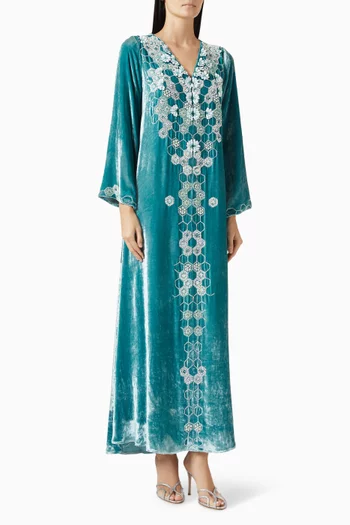 3D Petal & Honeycomb Embroidered Maxi Dress in Velvet