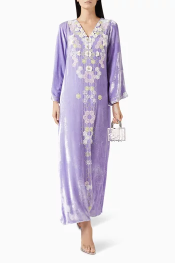 3D Petal & Honeycomb Embroidered Maxi Dress in Velvet