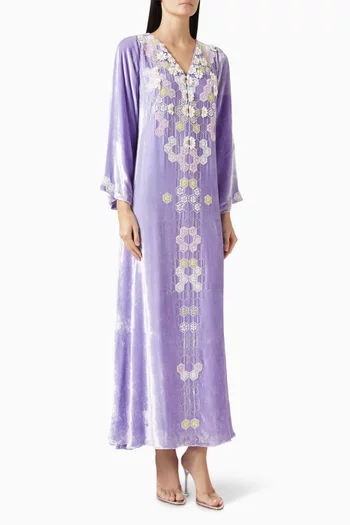3D Petal & Honeycomb Embroidered Maxi Dress in Velvet