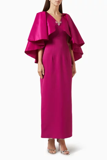 Stone-embellished Taffeta Cape Maxi Dress in Crepe