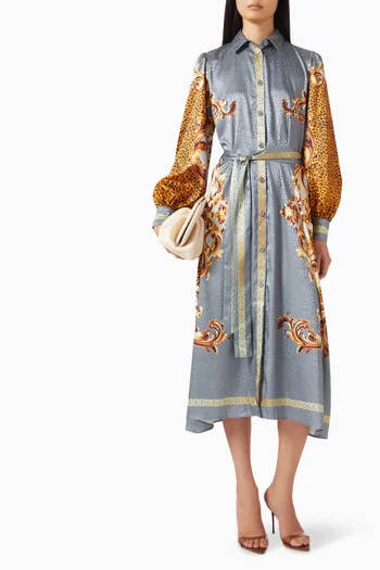 Printed Belted Midi Shirt Dress in Satin