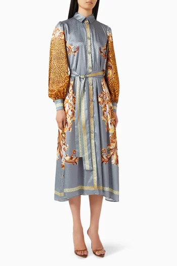 Printed Belted Midi Shirt Dress in Satin