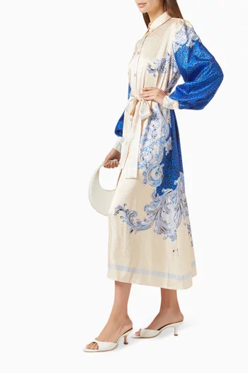 Printed Belted Midi Shirt Dress in Satin