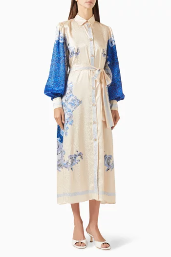 Printed Belted Midi Shirt Dress in Satin
