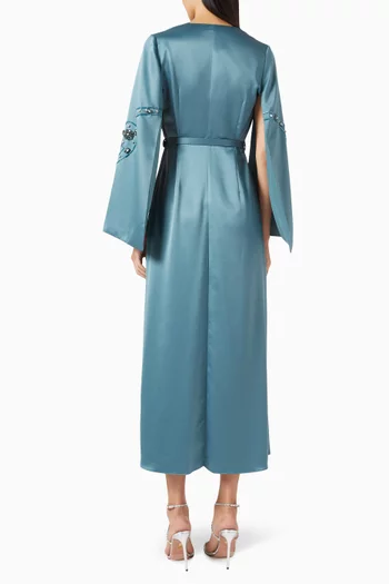 فستان متوسط الطول بحزام ومطرز بالكريستال ستان