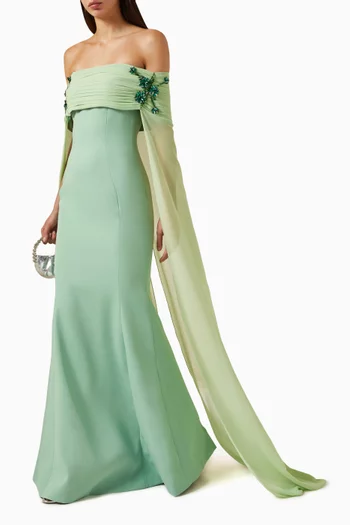 Vana Off-shoulder Maxi Dress in Crepe & Chiffon
