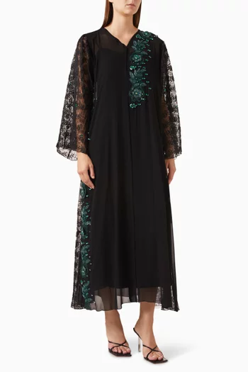 Flower Applique Abaya in Double Chiffon