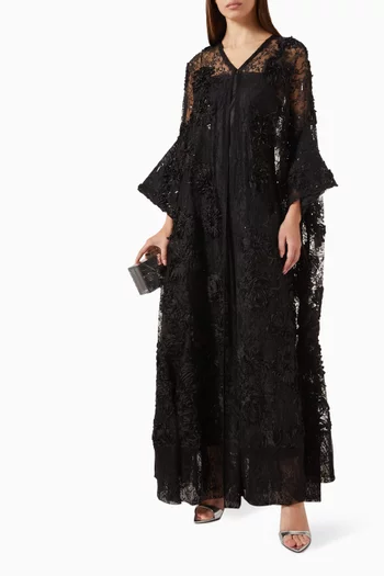 Pearl-embellished Floral Abaya in Organza