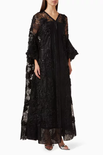 Pearl-embellished Floral Abaya in Organza