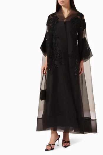 Floral Bead-embellished Abaya in Organza