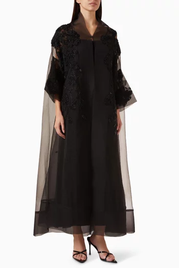 Floral Bead-embellished Abaya in Organza