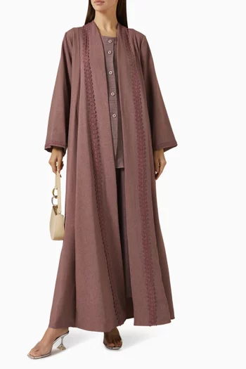4-piece Embroidered-trim Abaya Set in Cotton