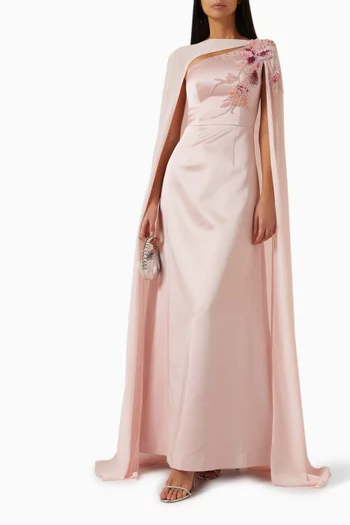 فستان سهرة بكاب وزهور بارزة