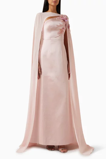 فستان سهرة بكاب وزهور بارزة