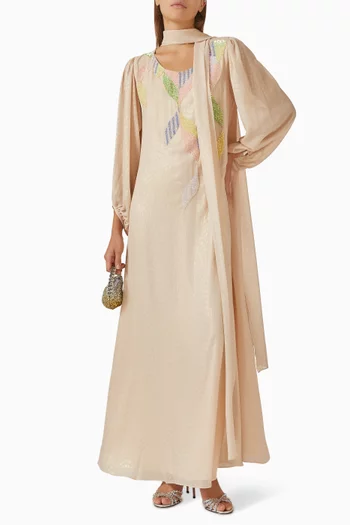 فستان بوشاح وتطريزات بالترتر شيفون