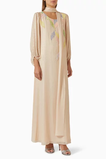 فستان بوشاح وتطريزات بالترتر شيفون