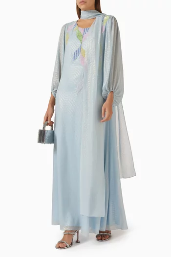 فستان بوشاح وتطريزات بالترتر شيفون