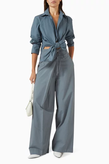 بنطال بقصة ساق واسعة بحزام قطن