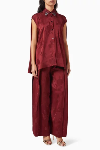 Embellished Shirt & Pants Set in Silk-jacquard