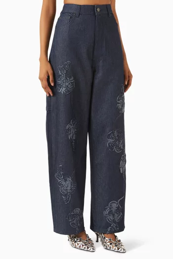 Floral-appliqué Boyfriend Jeans in Denim