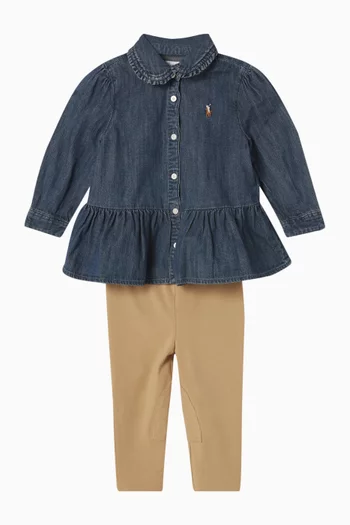 طقم لغينغز وقميص بحافة على شكل جرس دينم وجيرسيه