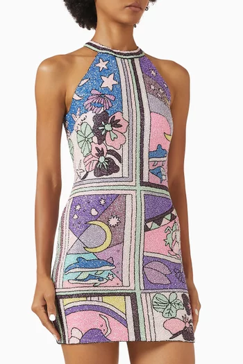 فستان تاليا ميرميد قصير برباط حول الرقبة وتطريزات بالخرز قماش شبكي