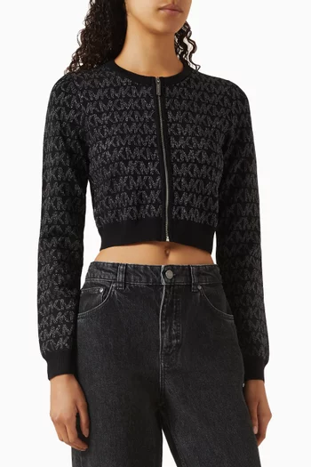 Metallic Logo Zip Crop Cardigan