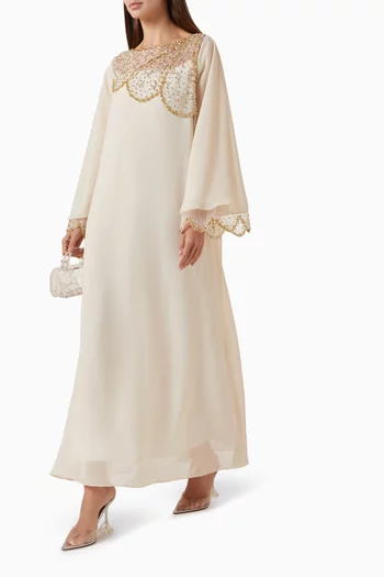 Long-sleeved dress with scalloped mesh at neckline andcuffs, adorned with crystal embellishments, paired with a belt:BEIGE:L|218748659