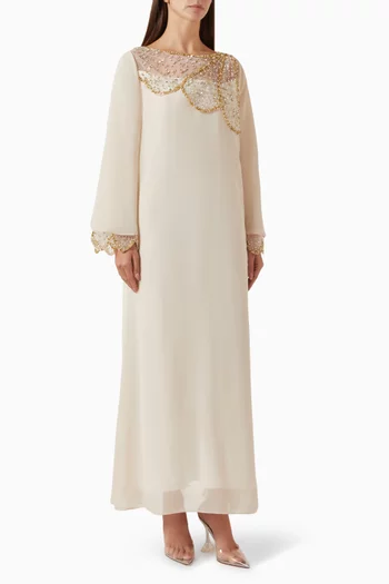 Long-sleeved dress with scalloped mesh at neckline andcuffs, adorned with crystal embellishments, paired with a belt:BEIGE:L|218748659