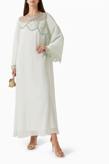 Long-sleeved dress with scalloped mesh at neckline andcuffs, adorned with crystal embellishments, paired with a belt:Light/Pastel Blue:XL|218748682