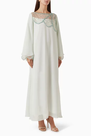 Long-sleeved dress with scalloped mesh at neckline andcuffs, adorned with crystal embellishments, paired with a belt:Light/Pastel Blue:XL|218748682