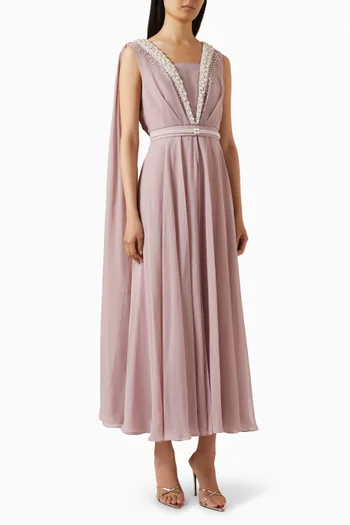 Sleeveless gown with flowing cape shoulder accents, withpearl beading on the neckline and belt:Light/Pastel Purple:XL|218748654