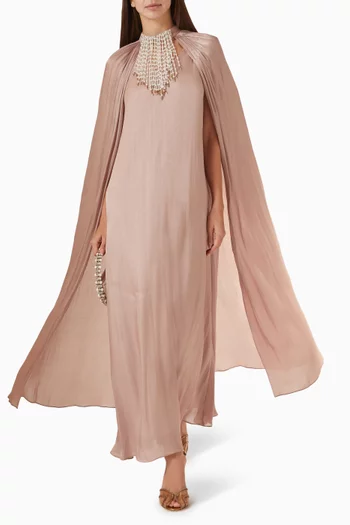 V-neck dress featuring a detachable pleated cape with acascading pearl-beaded choker neckline:Light/Pastel Brown:M|218748703