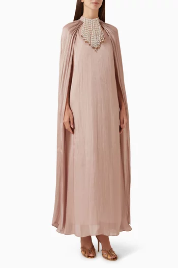 V-neck dress featuring a detachable pleated cape with acascading pearl-beaded choker neckline:Light/Pastel Brown:M|218748703