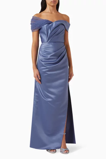 Azure Draped Maxi Dress in Satin