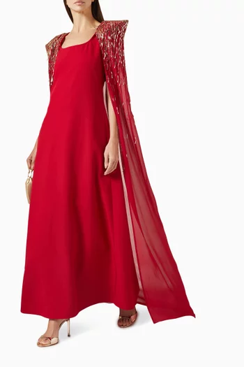 Embellished Cape Maxi Dress in Crepe