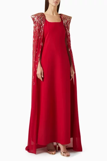 Embellished Cape Maxi Dress in Crepe