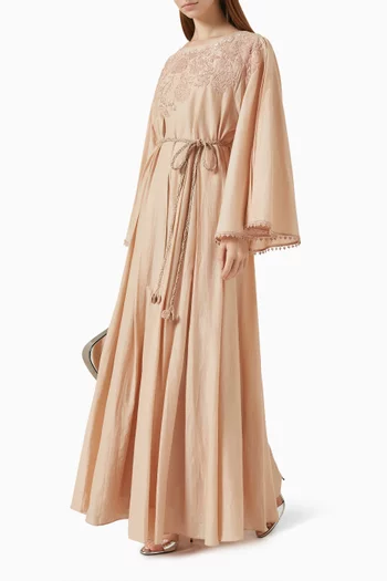 Embellished Belted Dress in Cotton Silk