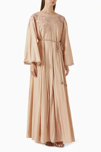 Embellished Belted Dress in Cotton Silk