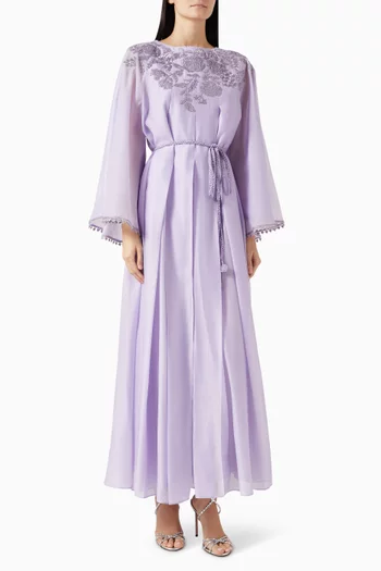 Embellished Belted Dress in Cotton Silk